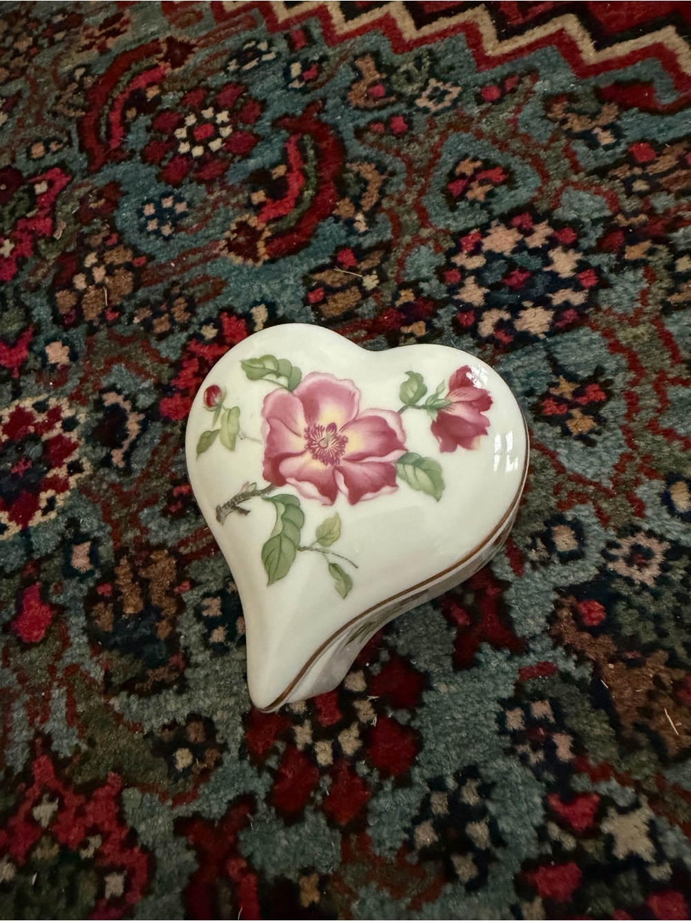 Lefton Heart Shaped Trinket Box with Pink Floral Design